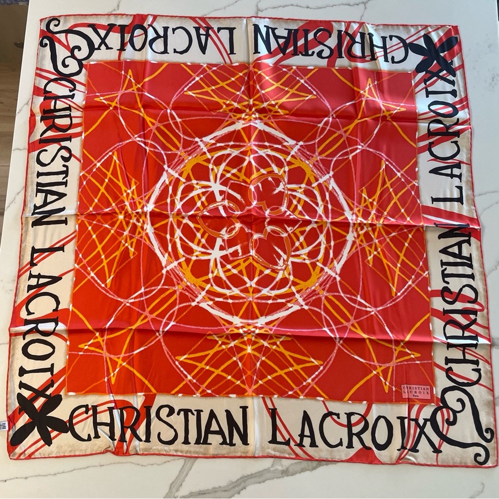 Christian Lacroix Red, Orange Graphic 100 % Silk Scarf vintage with box